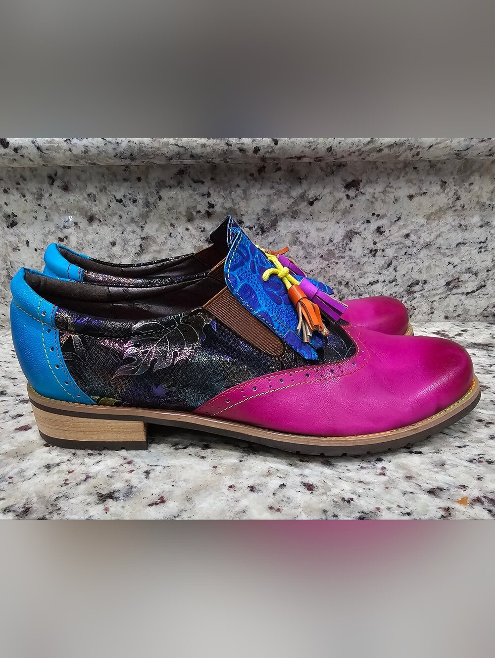 Bohemian Painted Brogue Leather Shoes Womens Wingtip Punk Purple Oxford Sz 42